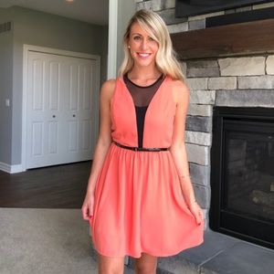 Coral Dress with Black Mesh insert